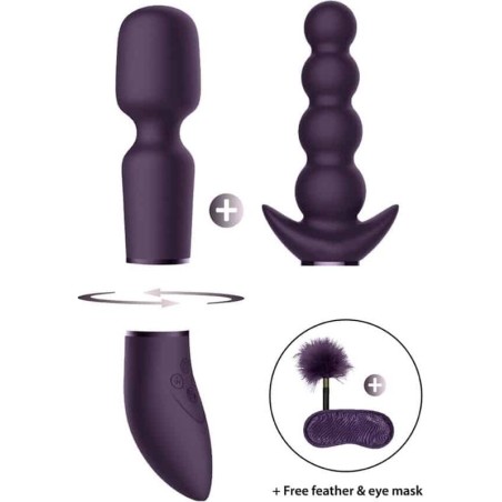 Vibratore Multifunzione in Silicone Viola Set 3 Pezzi con Piumino e Mascherina Switch N.3