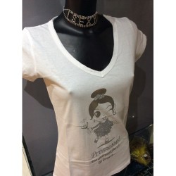 TAGLIA L T-Shirt bianca scollo V in cotone strass e glitter argento