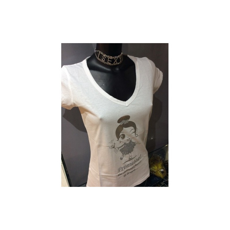 TAGLIA L T-Shirt bianca scollo V in cotone strass e glitter argento