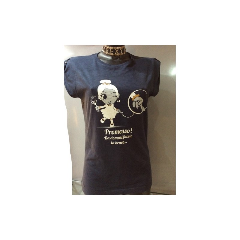TAGLIA M T-Shirt blu slub in cotone felpatino con strass e glitter oro