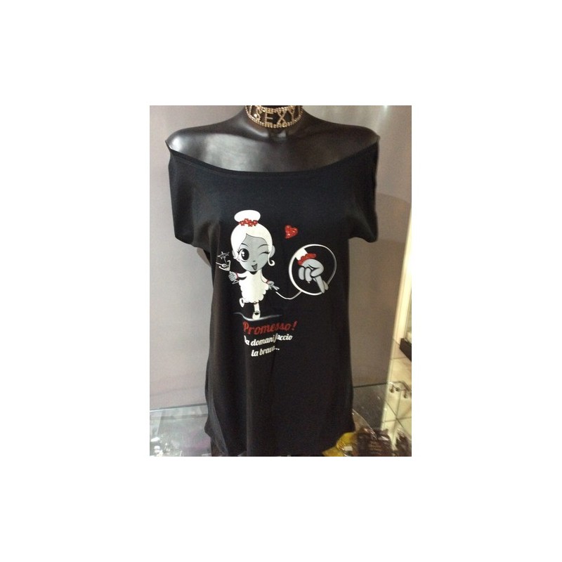 TAGLIA M T-Shirt collo a barca con  strass e glitter rossi