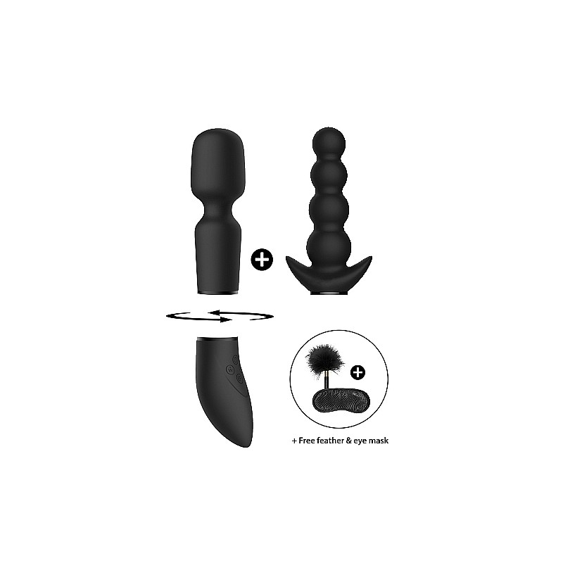 Vibratore Multifunzione in Silicone Nero Set 3 Pezzi con Piumino e Mascherina Switch N.3